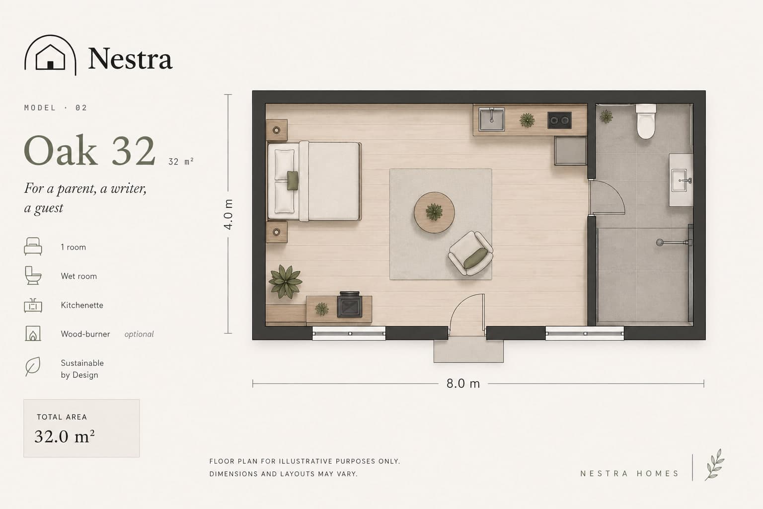 Oak 32 floor plan — 8.0 × 4.0 m one-room layout with a wet room, kitchenette, sofa and double bed.