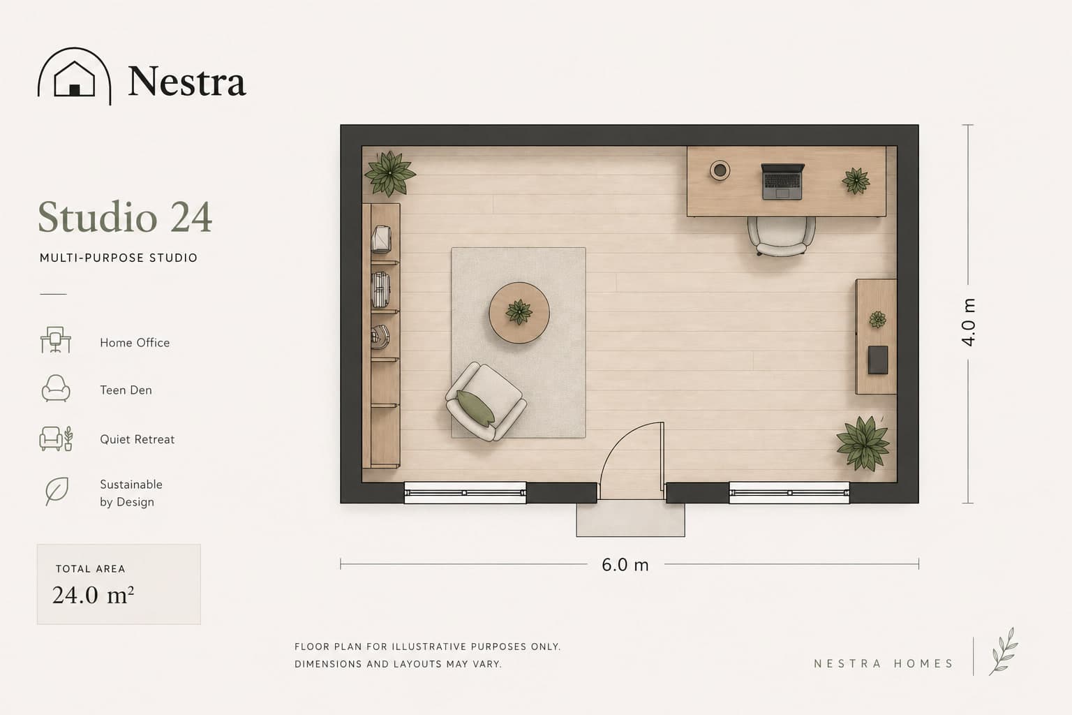 Studio 24 floor plan — 6.0 × 4.0 m multi-purpose studio with built-in shelving, sofa, and a desk.